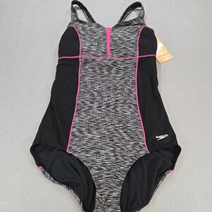 Speedo One Piece Swimsuit Womens 16‎ Black Gray Pink Space Dye Fitness 7238553